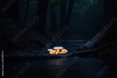 A cluster of luminous mushrooms grows near a babbling brook, casting an ethereal glow in the dark forest. The gentle sound of water complements the enchanting atmosphere of the night photo