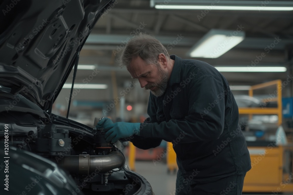 Expert technician evaluates car exhaust system performance in a workshop environment Expert technician evaluates car exhaust system performance in a workshop environment