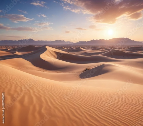 A sweeping desert landscape at sunrise with towering sand dunes and a brilliant blue sky filled with wispy clouds , warm light, clear blue sky photo