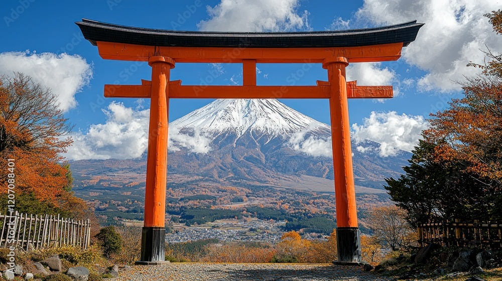 Majestic Mount Fuji through a vibrant Torii Gate Majestic Mount Fuji through a vibrant Torii Gate