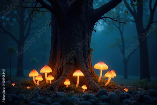 A magical scene unfolds as glowing mushrooms surround the base of an ancient tree, illuminating the forest in soft hues. The night is alive with the rustle of leaves and distant animal calls photo