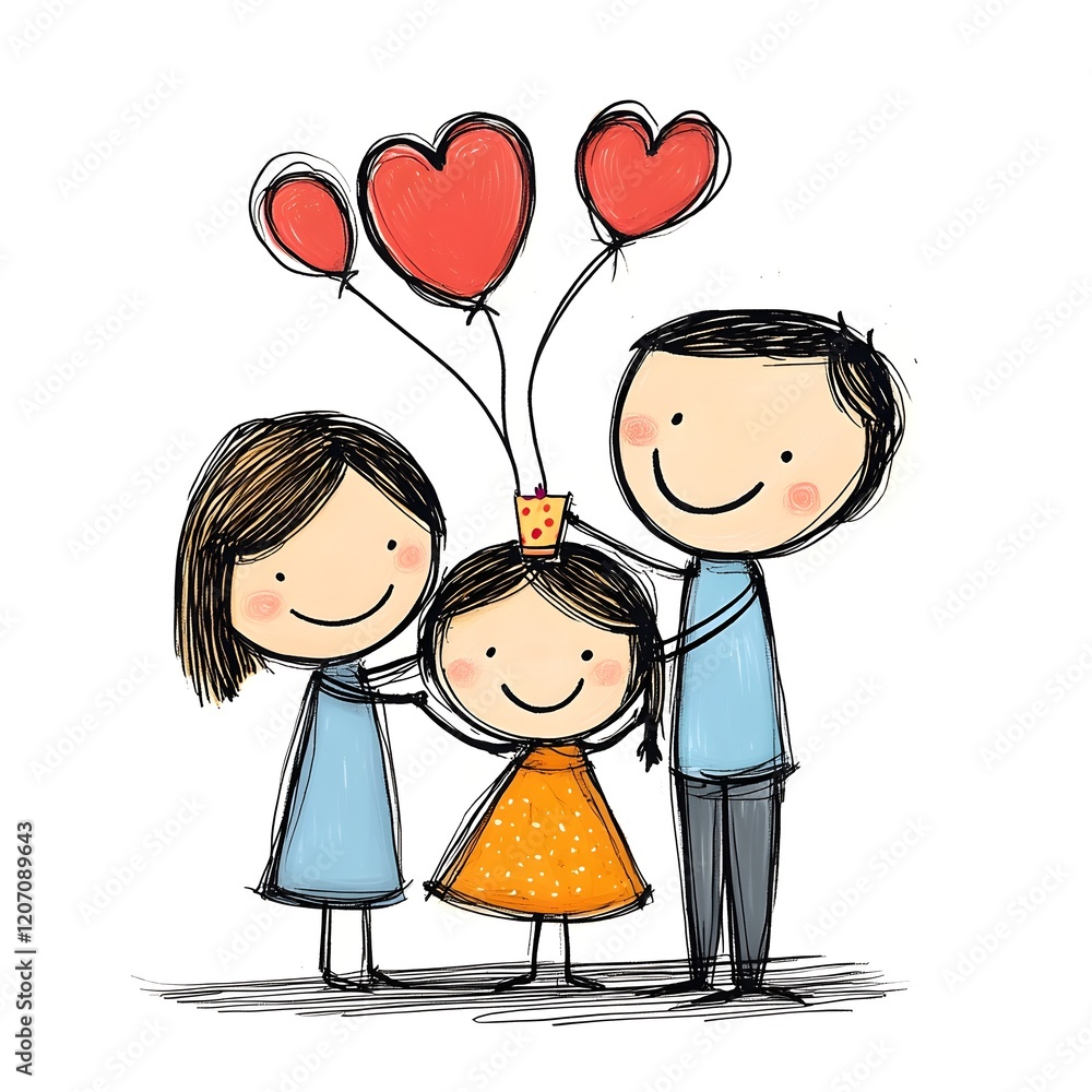 Happy Family Portrait with Balloons and Heart Shapes in Drawing Style, Generative AI. Happy Family Portrait with Balloons and Heart Shapes in Drawing Style, Generative AI.