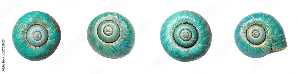 Obraz premium Minimalist abstract photography of a spiral turquoise seashell against a plain background The geometric spiral pattern and vibrant aqua tones create a beautiful natural and decorative design