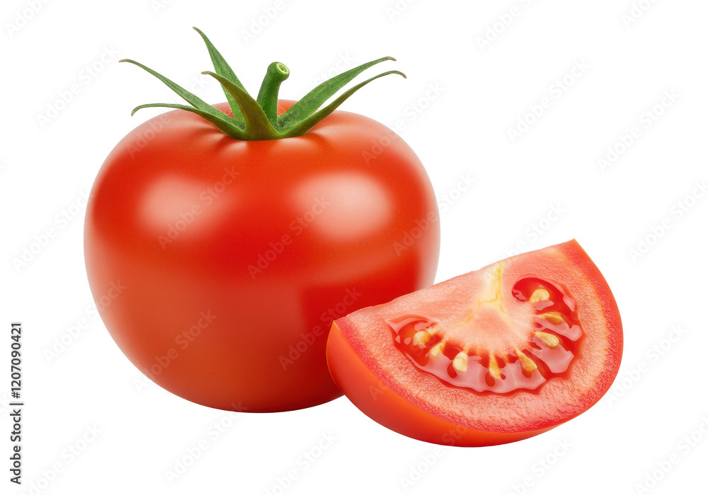 Whole fresh tomato with vibrant red color and green stem, paired with a juicy sliced piece, isolated on a white background Whole fresh tomato with vibrant red color and green stem, paired with a juicy sliced piece, isolated on a white background