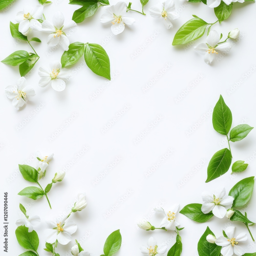 White flowers and green leaves frame on white background. (1) White flowers and green leaves frame on white background. (1)