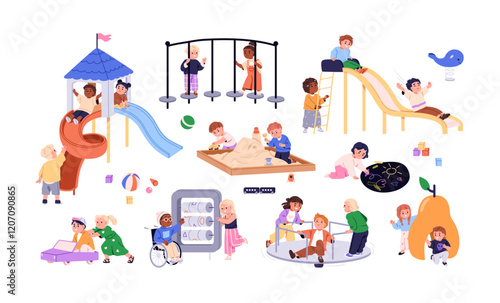Kids playing on playground. Happy preschool children during game activities with slides, sandbox, merry-go-round, outdoor toys. Kindergarten fun. Flat vector illustration isolated on white background