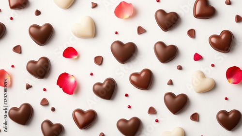 Assorted Chocolate Hearts with Rose Petals on White Background for Romantic Celebrations