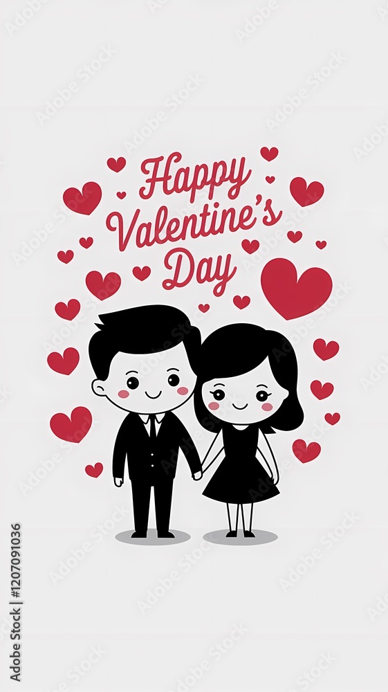 A minimalist illustration of a cute couple with hearts around them. The man is wearing a suit and the woman is wearing a dress. There is the text A minimalist illustration of a cute couple with hearts around them. The man is wearing a suit and the woman is wearing a dress. There is the text