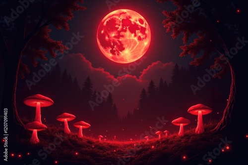 Red-tinted night envelops the forest, with glowing mushrooms illuminating the ground beneath the enormous moon and a starry sky. The air is filled with the sounds of rustling leaves and distant owls photo