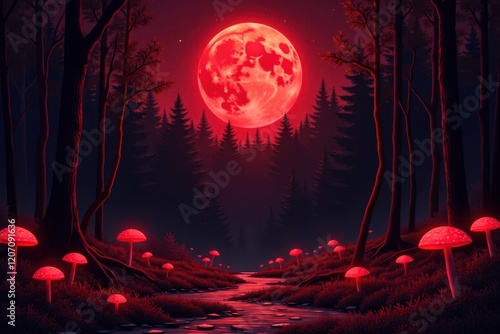 Red-tinted night envelops the forest, with glowing mushrooms illuminating the ground beneath the enormous moon and a starry sky. The air is filled with the sounds of rustling leaves and distant owls photo