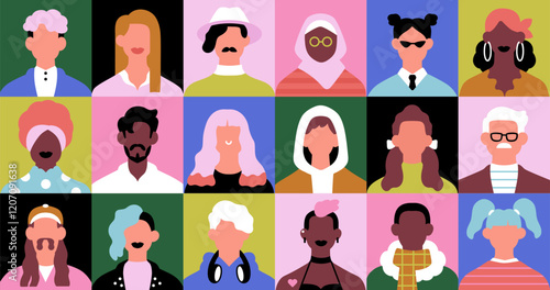 Abstract face portraits, geometric grid. Modern mosaic multiple avatars group in trendy style. Colored diverse unique creative characters pattern, stylish user profiles. Flat vector illustration