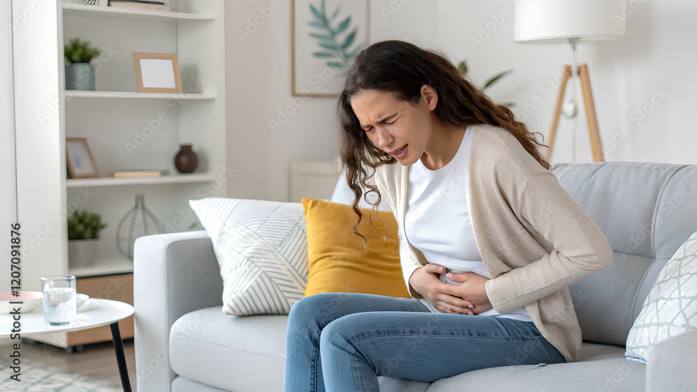 Close up - Woman with stomach pain Use both hands to hold your stomach. sitting on the sofa in the living room Close up - Woman with stomach pain Use both hands to hold your stomach. sitting on the sofa in the living room