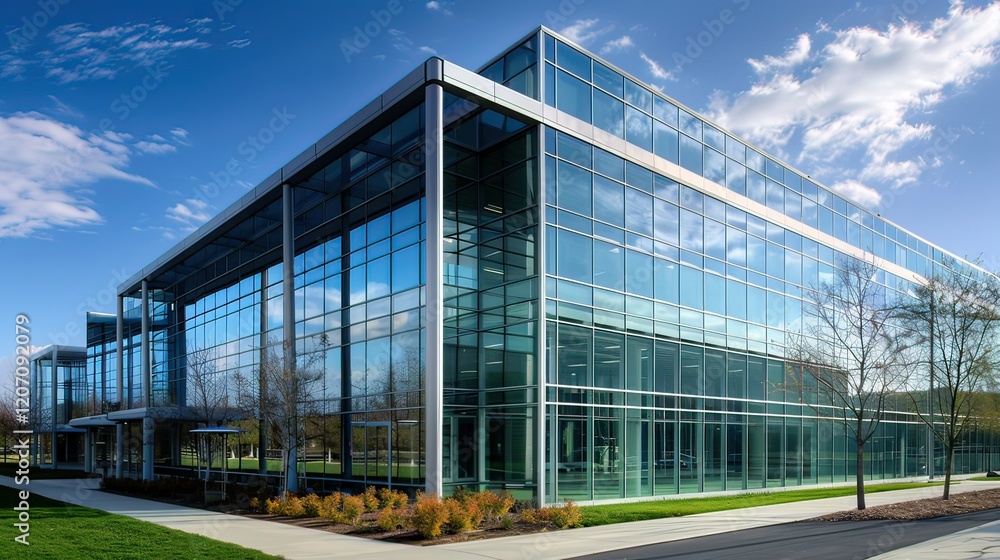 Obraz premium A sleek glass office building symbolizing enterprise-level design. stock photo --ar 16:9 --style raw --v 6 Job ID: 71049cb7-759a-4d0f-99d9-dfab2f3a45eb