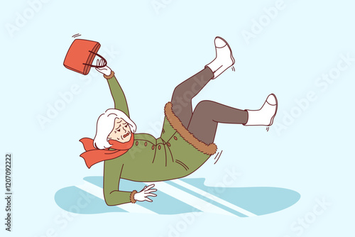 Elderly woman slips on slippery ground and falls, risking injury due to uncleaned ice. Gray-haired lady slipped on ice during winter walk and falls backwards because of uncomfortable shoes.