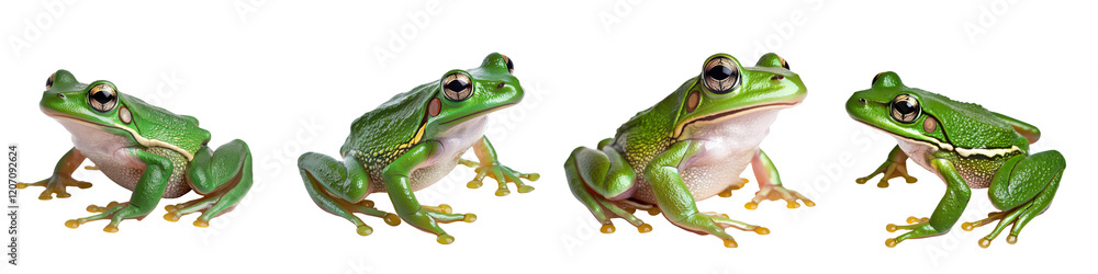 Obraz premium Adorable Green Tree Frogs Exploring Lush Tropical Nature Habitat Sitting on Leaves and Branches Closeup Macro Shot of Cute Amphibian Creatures