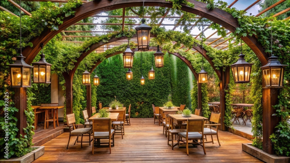 Fototapeta premium A wooden archway adorned with lanterns and ivy frames a beautiful outdoor seating area with high-top tables and chairs, ambiance, decorations, outdoor seating