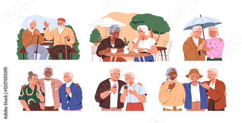 Happy senior friends, couples set. Elder people laughing. Elderly aged men, women in cafe, park, smiling, enjoying communication, old friendship. Flat vector illustration isolated on white background