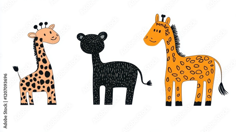 Obraz premium Three whimsical animal illustrations featuring giraffes and a playful black figure.