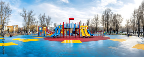 In the summer, a colorful, large playground in the city park remains empty, providing a scenic urban setting perfect for kids' games and sports. photo