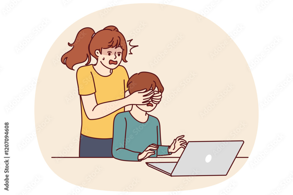 Teenage girl defends little brother who uses laptop and visits adult websites in internet or reads harmful content. Caring schoolgirl girl saves boy from misinformation and fake news on internet Teenage girl defends little brother who uses laptop and visits adult websites in internet or reads harmful content. Caring schoolgirl girl saves boy from misinformation and fake news on internet