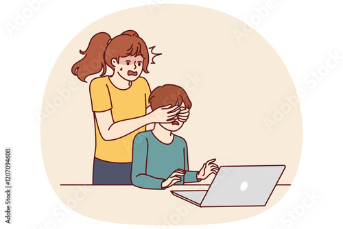 Teenage girl defends little brother who uses laptop and visits adult websites in internet or reads harmful content. Caring schoolgirl girl saves boy from misinformation and fake news on internet