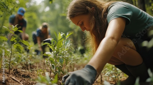 A biodiversity restoration project featuring volunteers planting native trees and creating habitats for local wildlife in a degraded forest photo