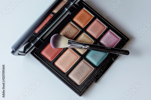 Open eyeshadow palette with brush showcasing a variety of shimmery shades for makeup application and artistry