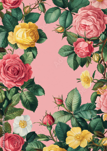 Vintage rose frame with pink background and vibrant floral arrangement