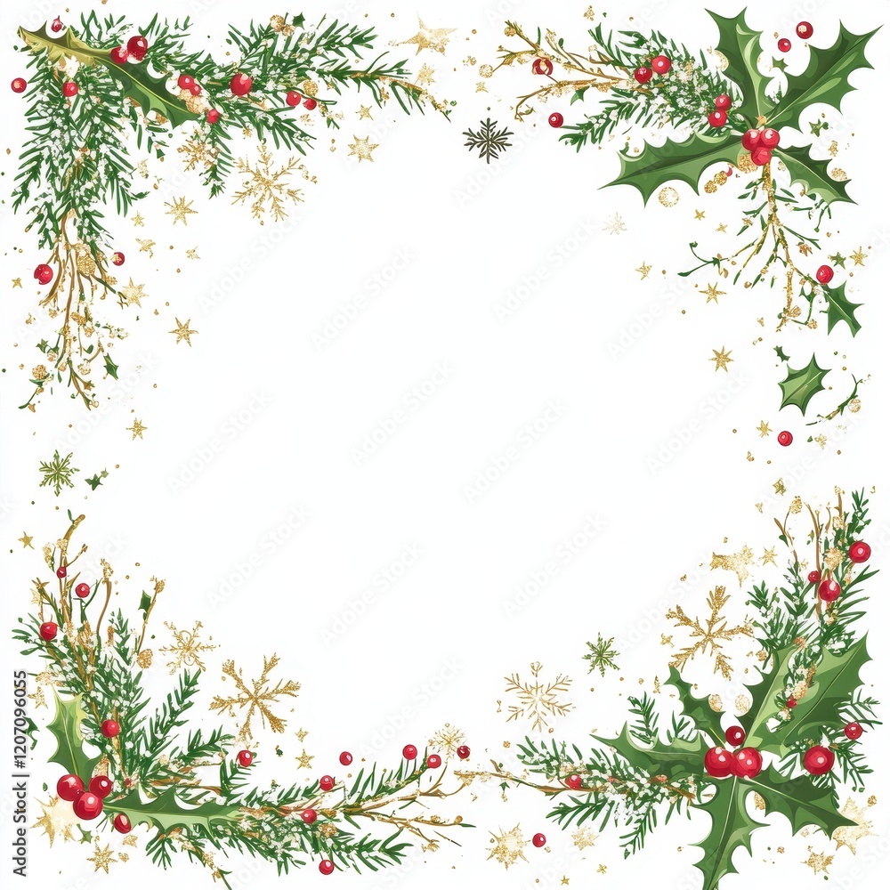 Fototapeta premium Festive Christmas Border with Holly Berries and Pine Branches