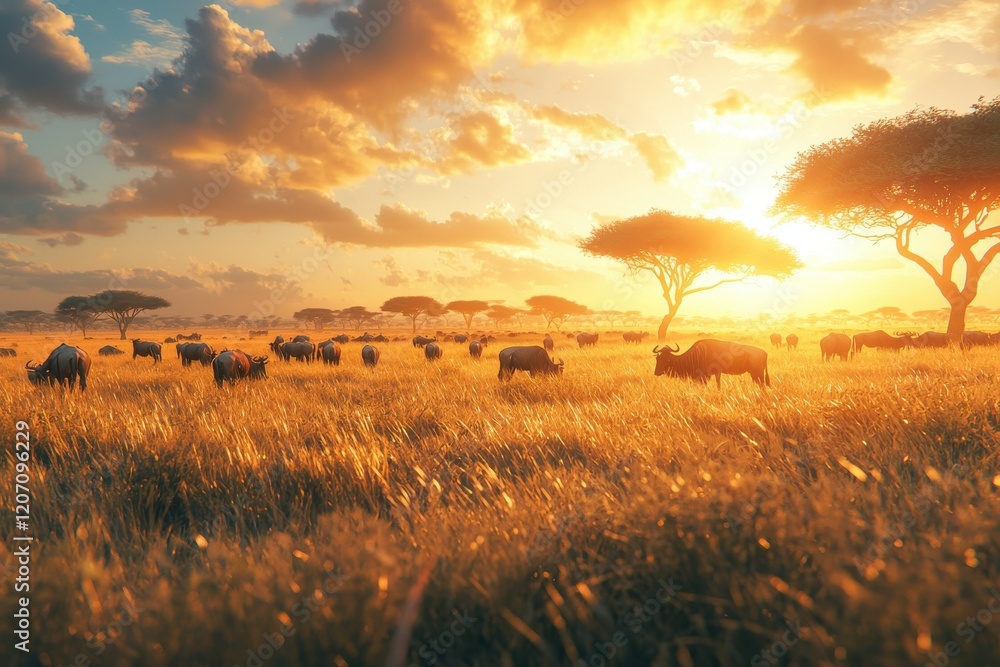 Golden hour over an African savannah with buffalo grazing beneath the sunset Golden hour over an African savannah with buffalo grazing beneath the sunset