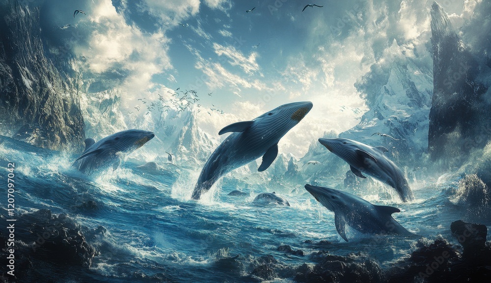 Obraz premium Majestic Whales Leaping in Dramatic Ocean Scene