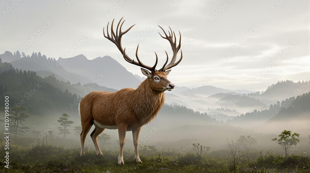 Fototapeta premium A stunning red deer stag stands motionless in the misty landscape, its antlers and coat rendered in exquisite detail against a soft gray sky, outdoors, leaves