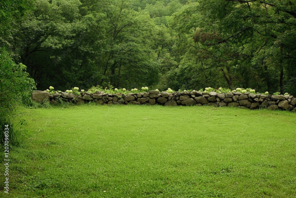 Obraz premium Lush pasture with grazing land bordered by a stone wall.