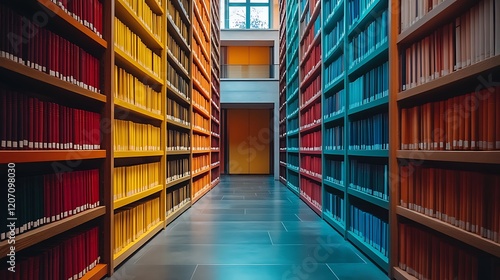 A library wall filled with colorful books with wooden shelf photo