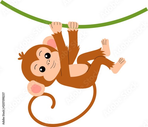 playful little monkey holding on a vine illustration