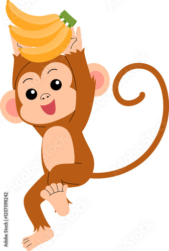 playful little monkey holding a banana over the head illustration