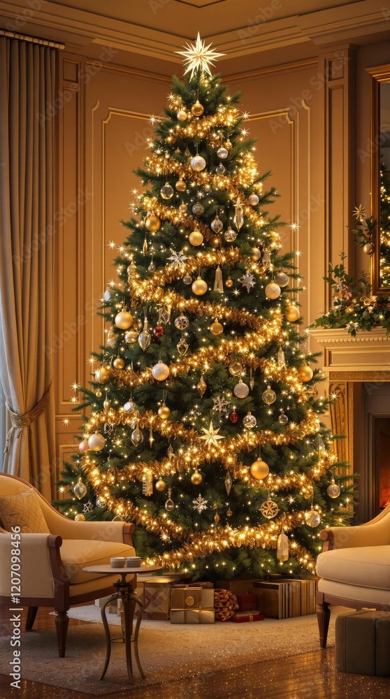 Christmas tree with ornaments and lights in a cozy living room , holiday cheer, festive decoration Christmas tree with ornaments and lights in a cozy living room , holiday cheer, festive decoration
