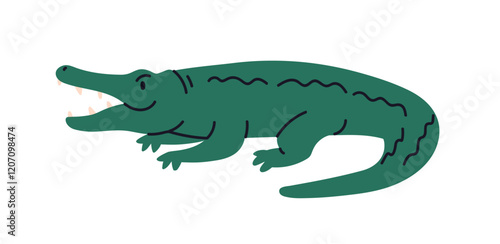 Crocodile, wild reptile animal. Tropical alligator, carnivore with open mouth, teeth, tail. Exotic gator predator in profile. African fauna, croc. Flat vector illustration isolated on white background