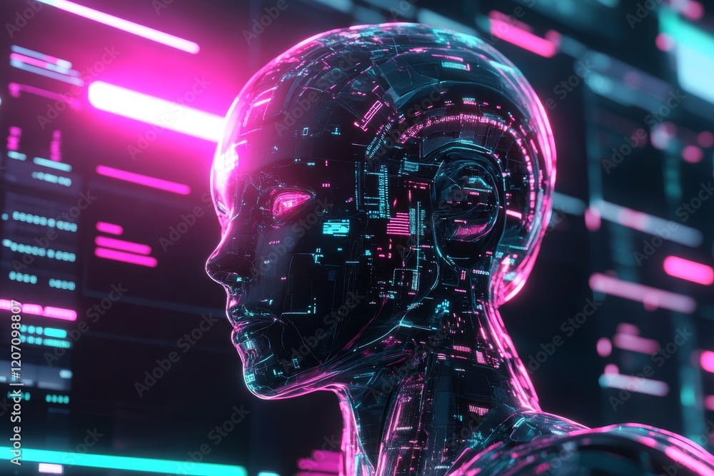 A woman's face is displayed on a computer screen with a neon pink background A woman's face is displayed on a computer screen with a neon pink background