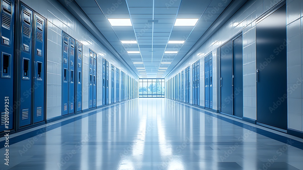 A long white school hallway with blue and black color background A long white school hallway with blue and black color background