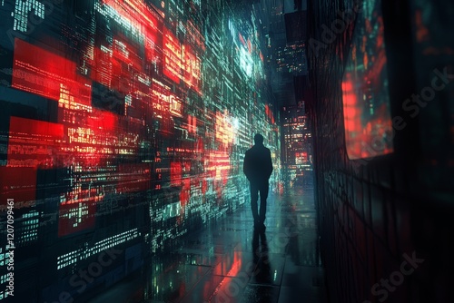 Wallpaper Mural A man walks down a dark, neon lit hallway Torontodigital.ca