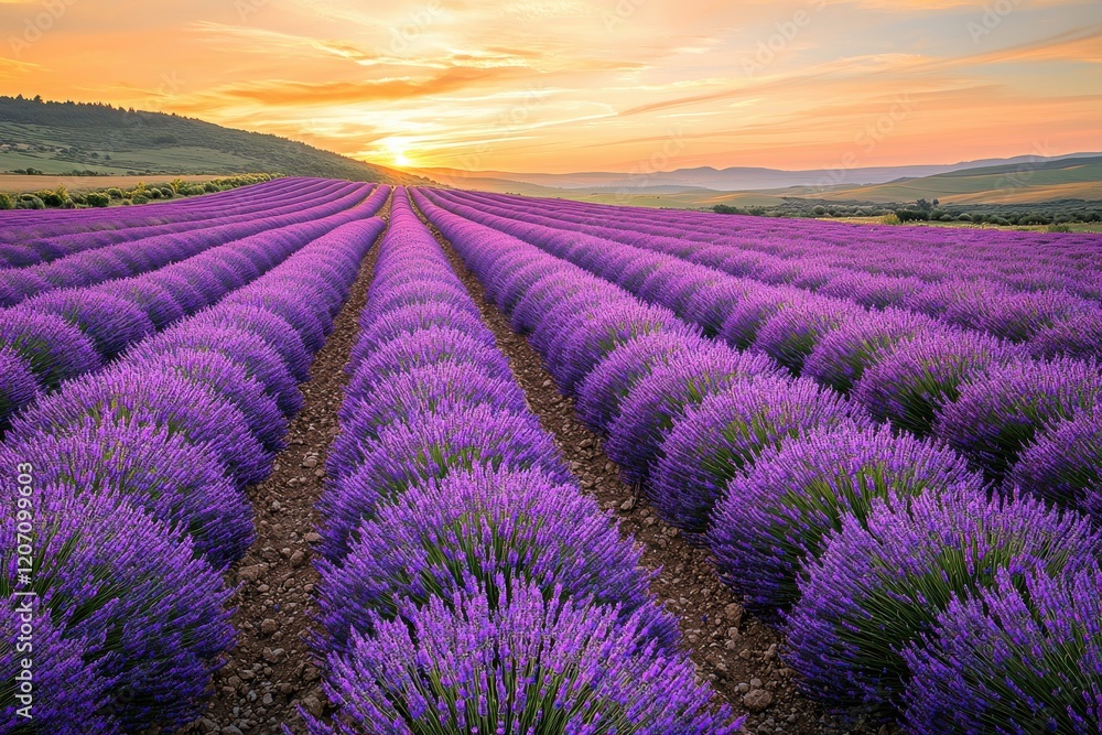 Expansive lavender fields stretch across rolling hills under a vibrant sunset in Provence, creating a stunning landscape Expansive lavender fields stretch across rolling hills under a vibrant sunset in Provence, creating a stunning landscape