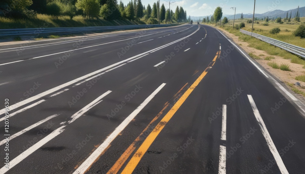 Asphalt highway at daytime with road markings, daylight, pavement, terrain Asphalt highway at daytime with road markings, daylight, pavement, terrain