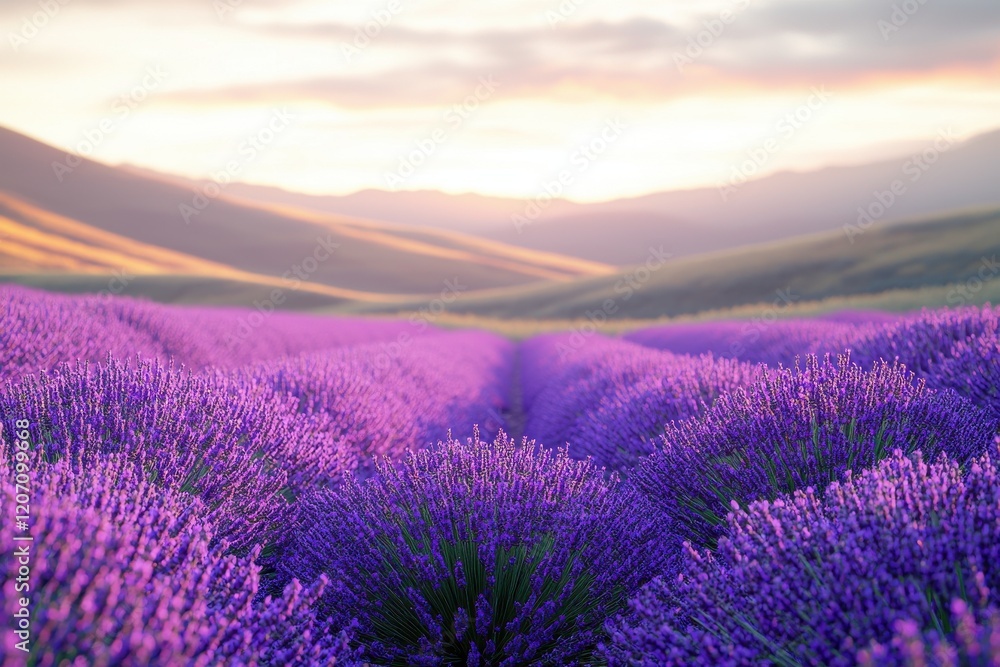 Obraz premium Expansive lavender fields in warm sunset light create a serene landscape in the countryside