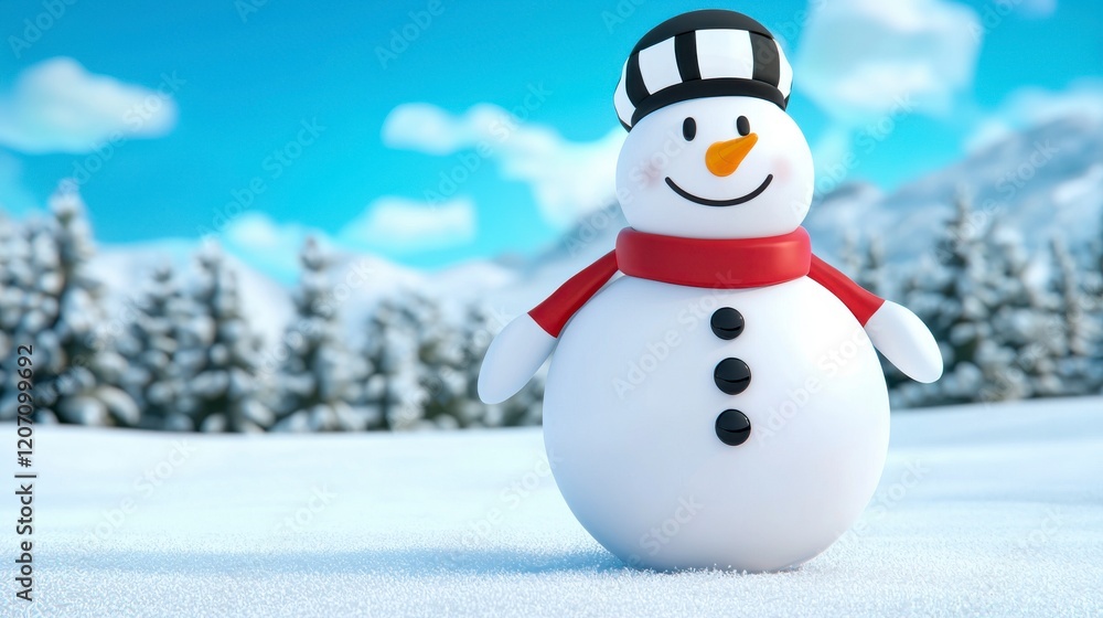 Fototapeta premium Smiling Snowman in Winter Landscape with Blue Sky and Snowy Ground