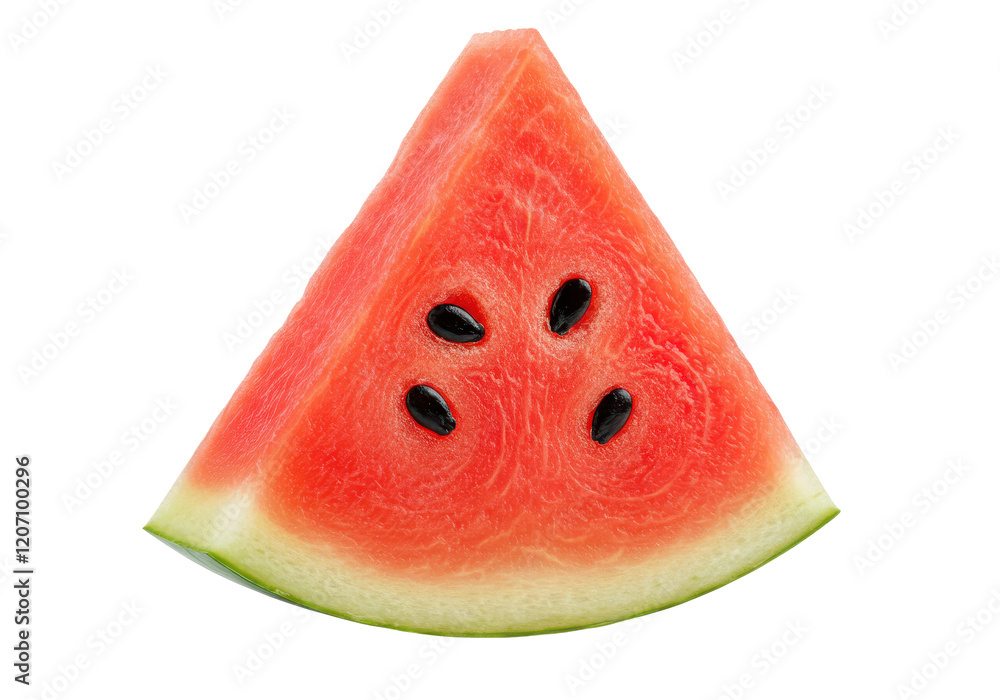 A triangular slice of ripe watermelon with bright red flesh and black seeds, isolated on a white background A triangular slice of ripe watermelon with bright red flesh and black seeds, isolated on a white background