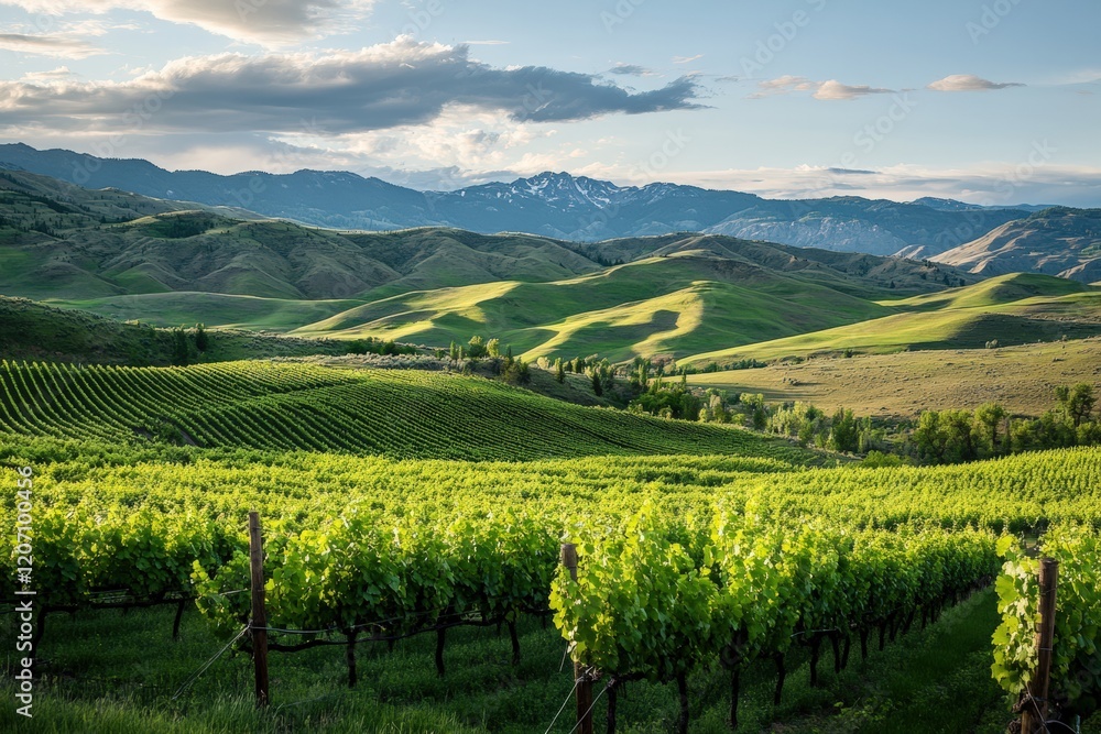 Fototapeta premium A lush vineyard surrounded by rolling green hills.