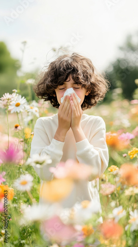 Child sneezing in vibrant wildflower meadow on a sunny day