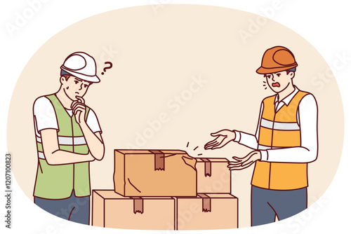 Warehouse workers near cardboard boxes damaged in transit due to improper transportation. Manager scolds subordinate for damaging goods in boxes and dropping parcel while unloading car