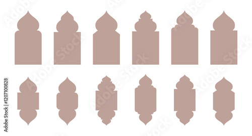 Ramadan graphic ornament collection. Set of Islamic windows and arches, geometric shapes in elegant style for poster and banner pattern. Eid al fitr shapes.